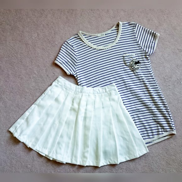 Tops - Striped Crochet Trim T-Shirt + White Pleated Mini Skirt Set
